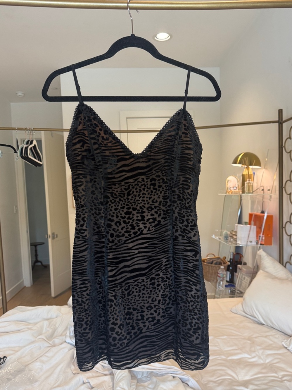 superdown Black Velvet Animal-Print Slip Dress